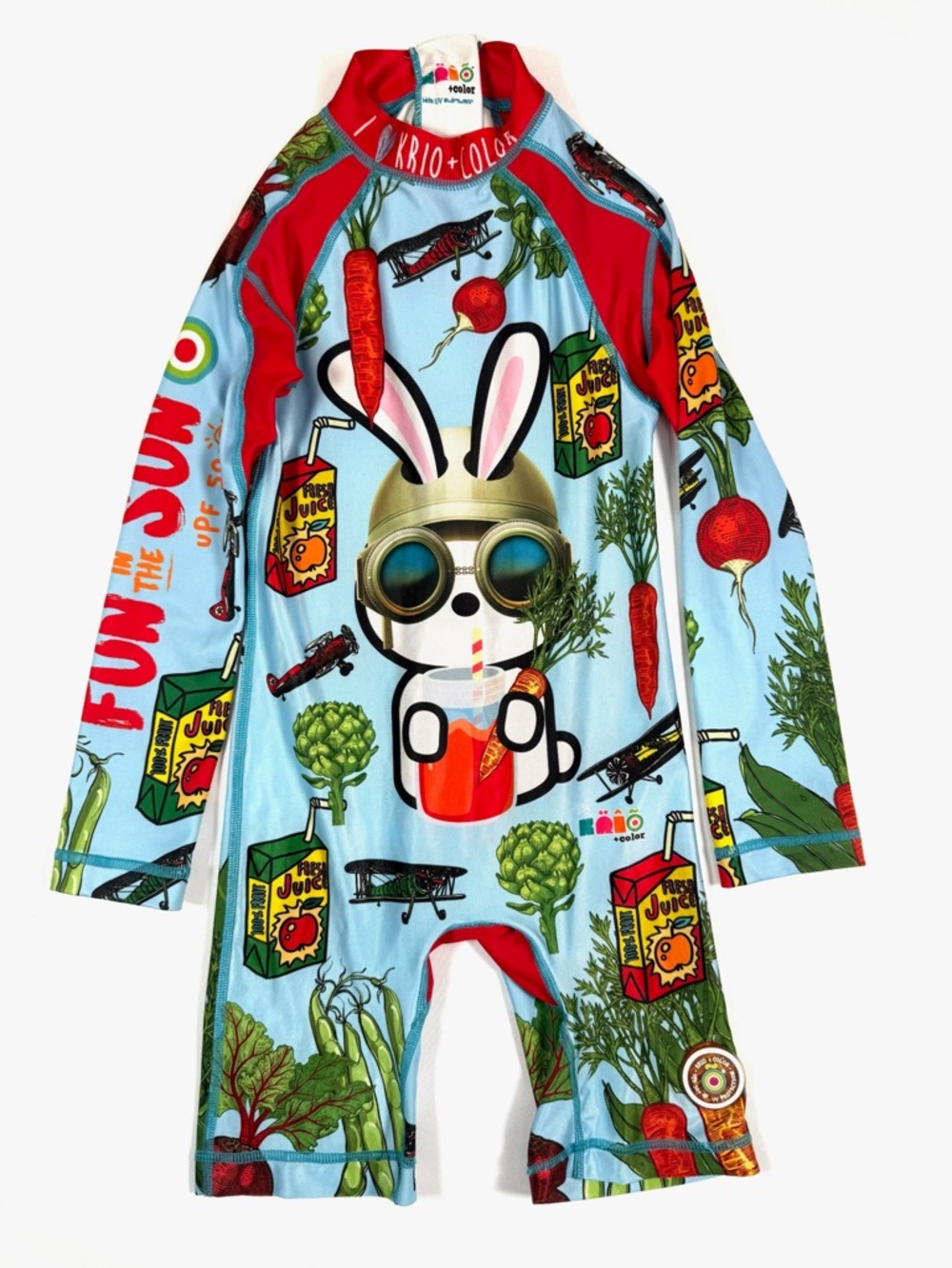 KRIO‎ + COLOR Kids Swimsuit Size 4-6 Multicolor Bunny Long Sleeve Rash Guard UPF